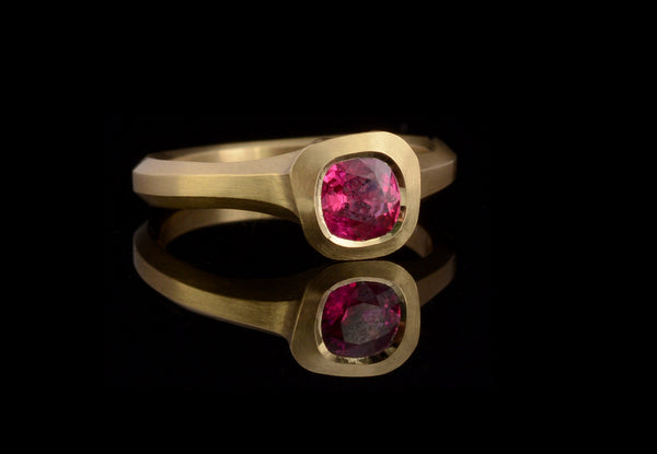 Yellow gold and ruby Arris engagement ring commission