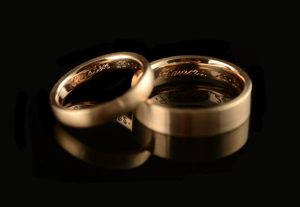 Engraved recycled rose gold wedding band commission