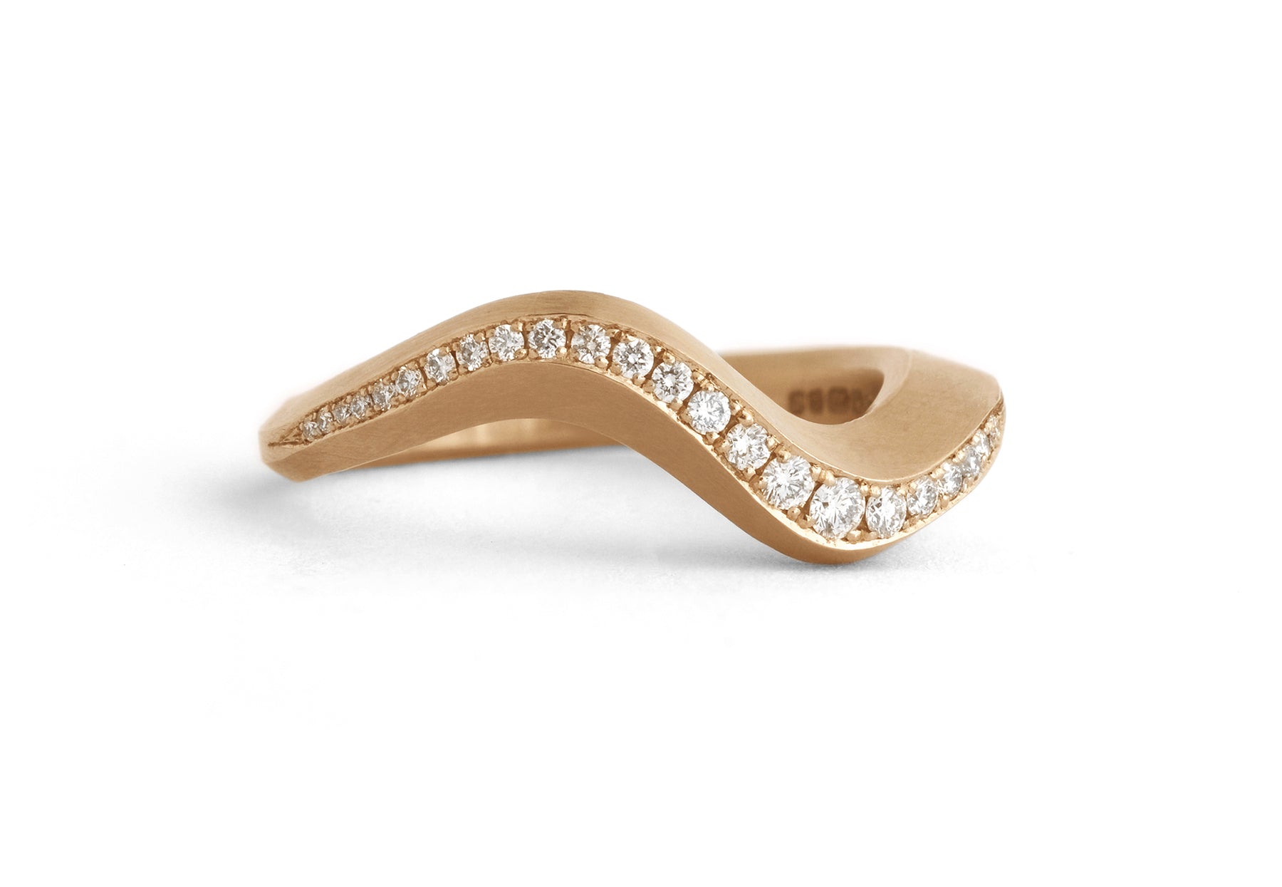Arris carved white diamond pave set yellow gold wedding ring
