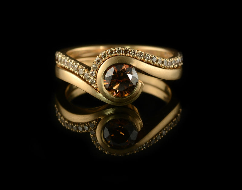 Wave cognac diamond rose gold engagement ring and fitted pave set cognac diamond wedding ring
