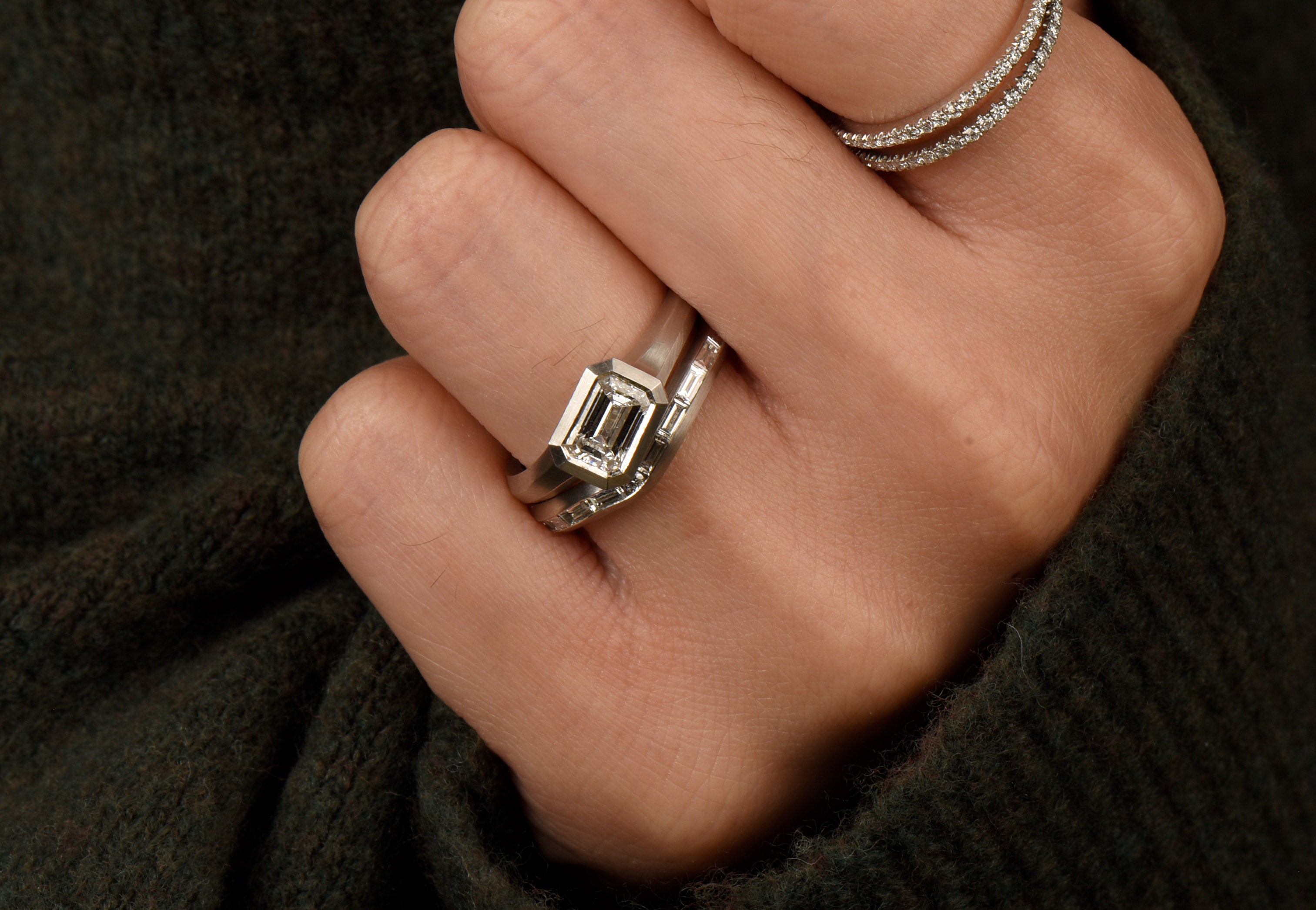 Platinum Curved Baguette Diamond Fitted Arris Wedding Ring