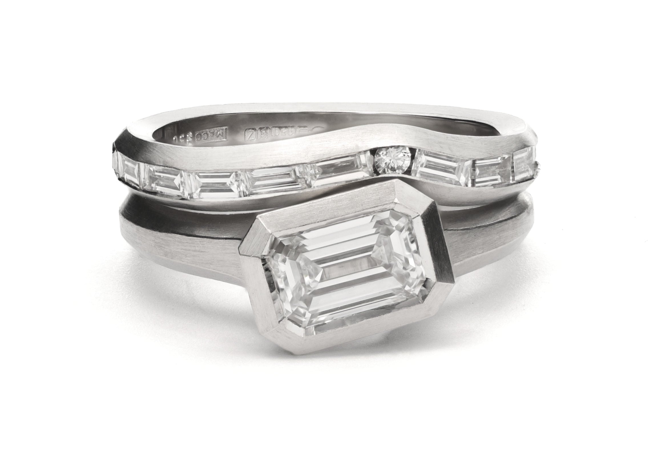 Platinum Curved Baguette Diamond Fitted Arris Wedding Ring
