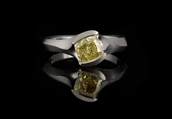 Arris cushion cut yellow diamond and platinum engagement ring commission
