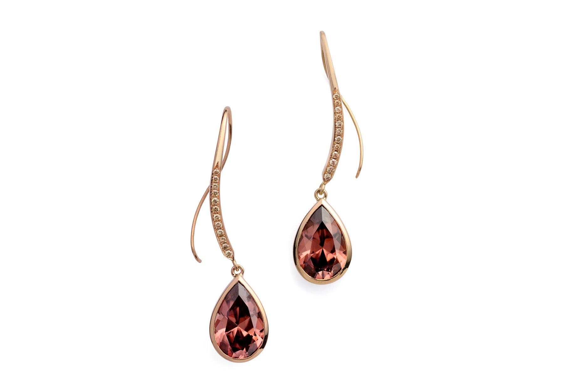 Forged malayan zircon and white diamond rose gold earrings