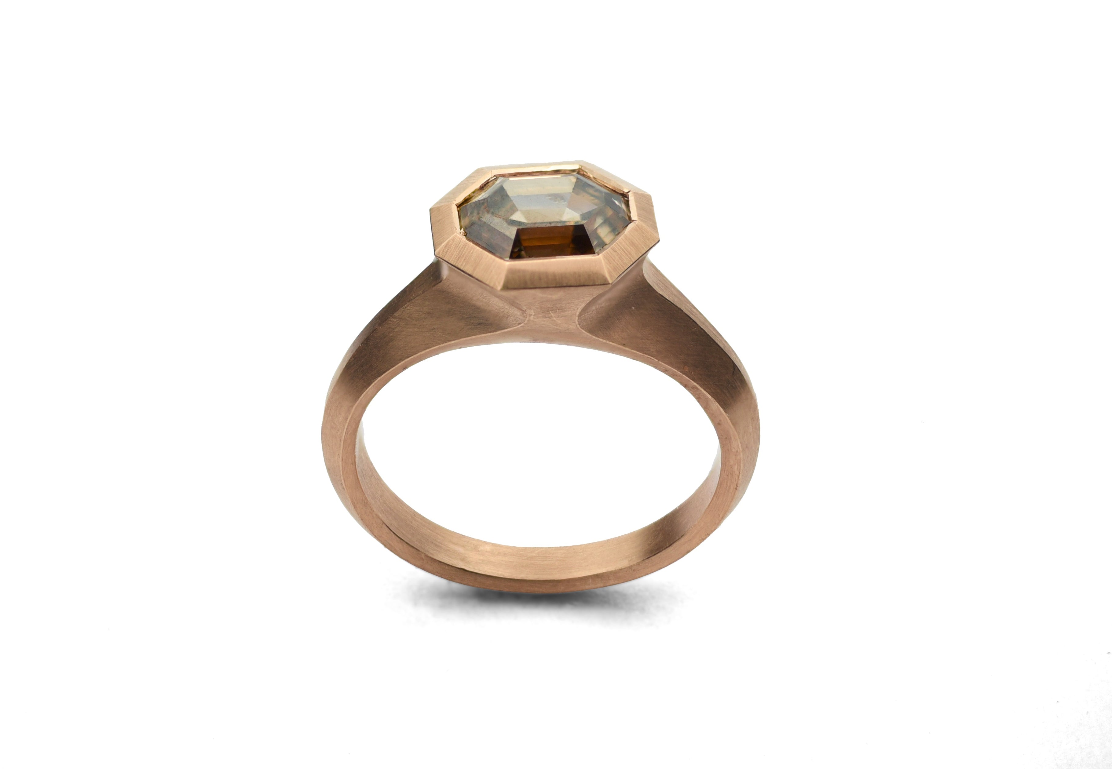 18ct Rose Gold Hexagonal Cognac Diamond Faceted Arris Ring