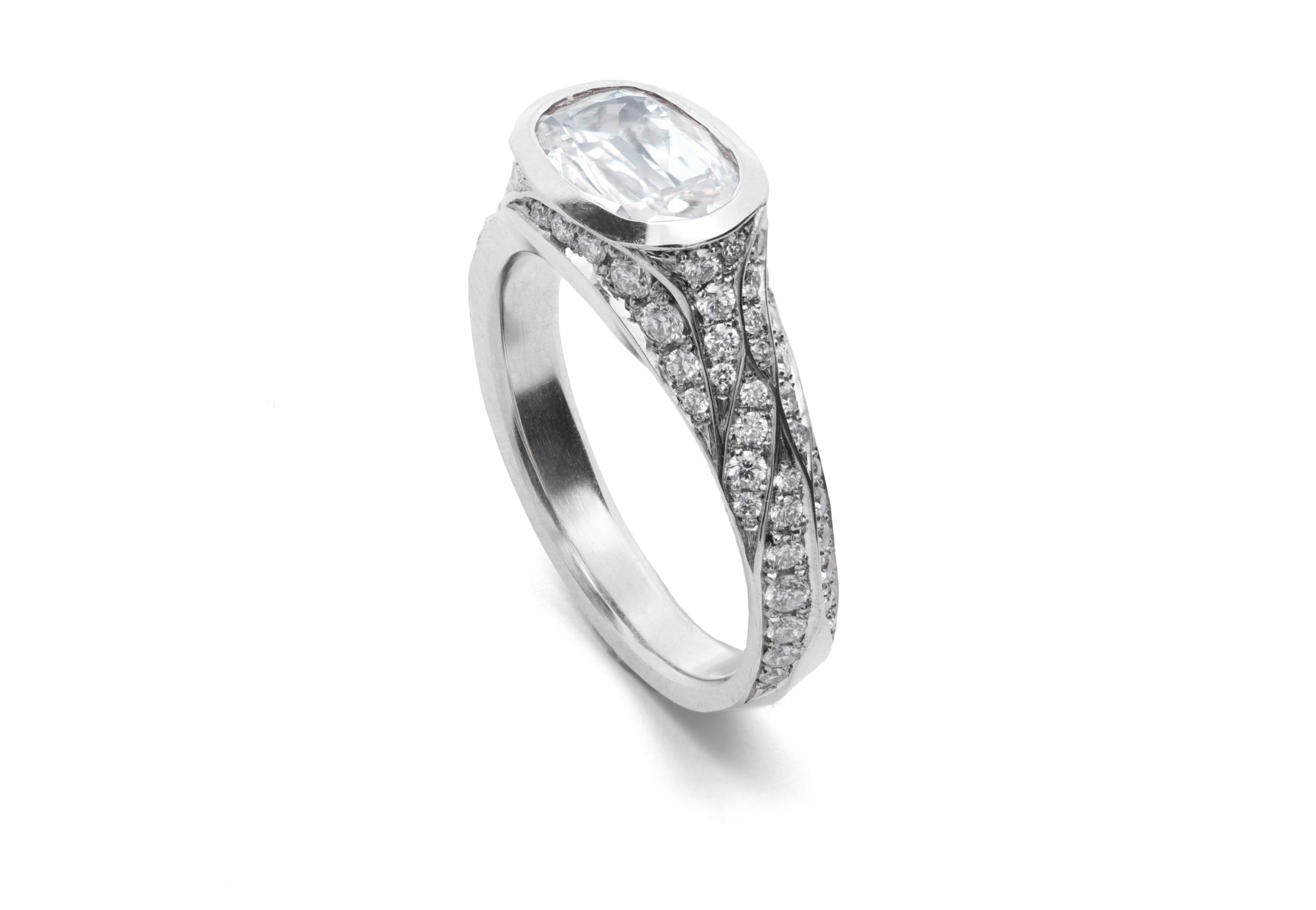 Platinum Old Cut Cushion Diamond Arris Ring