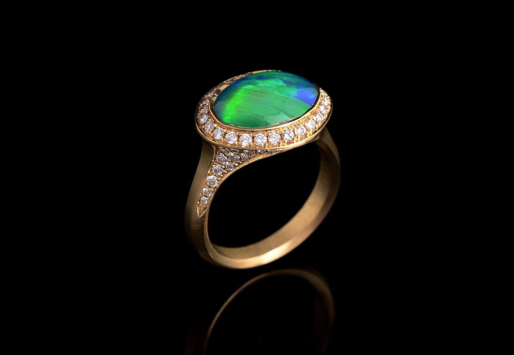 Arris black opal and white diamond yellow gold ring