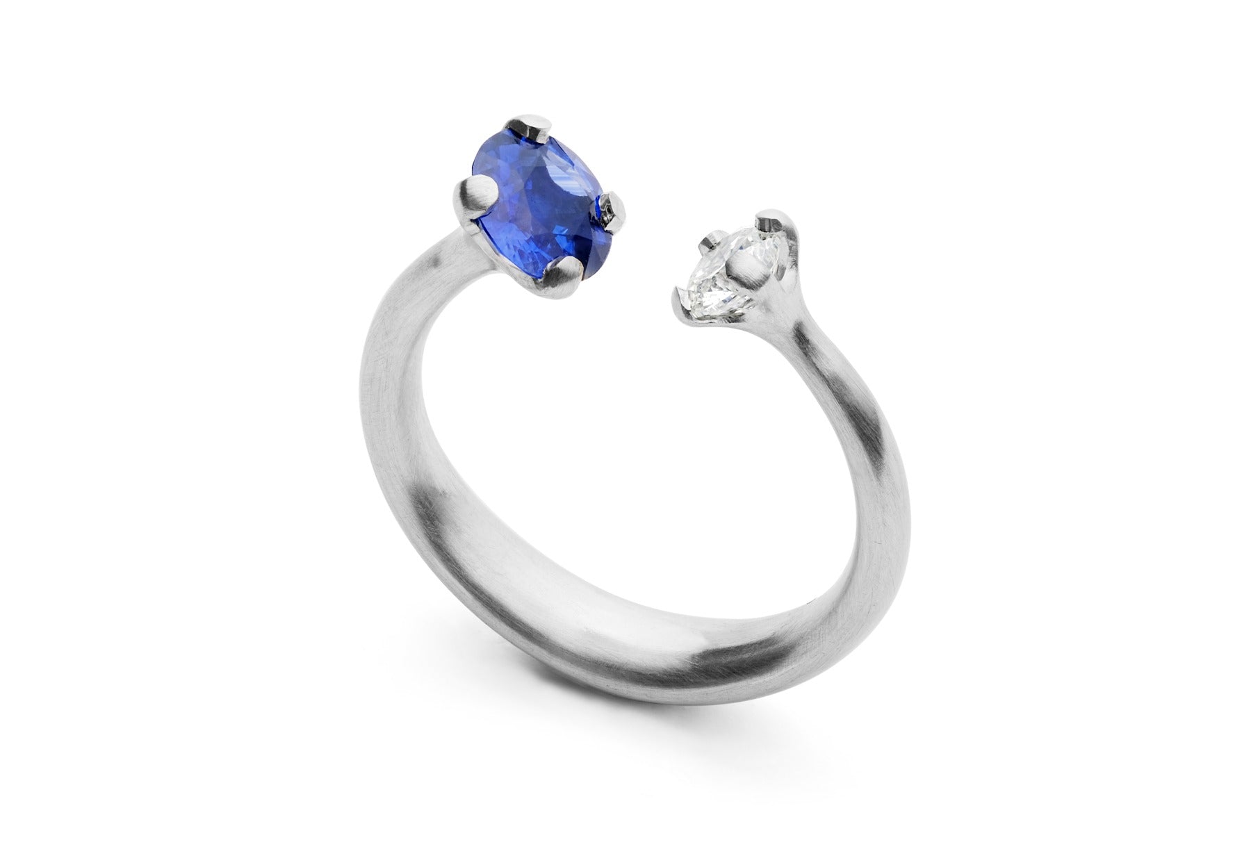 Two stone 4 claw blue sapphire and white diamond platinum engagement ring