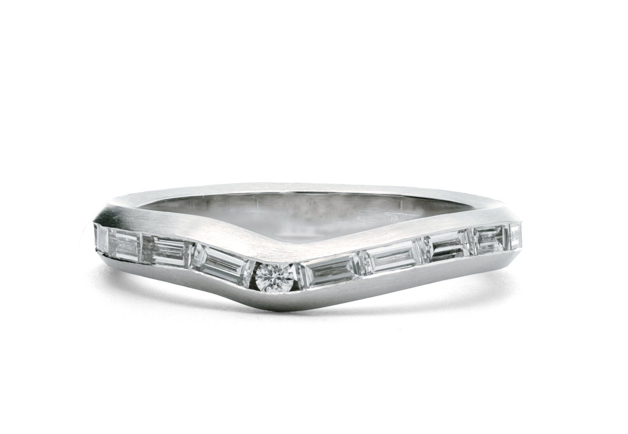 Platinum Curved Baguette Diamond Fitted Arris Wedding Ring