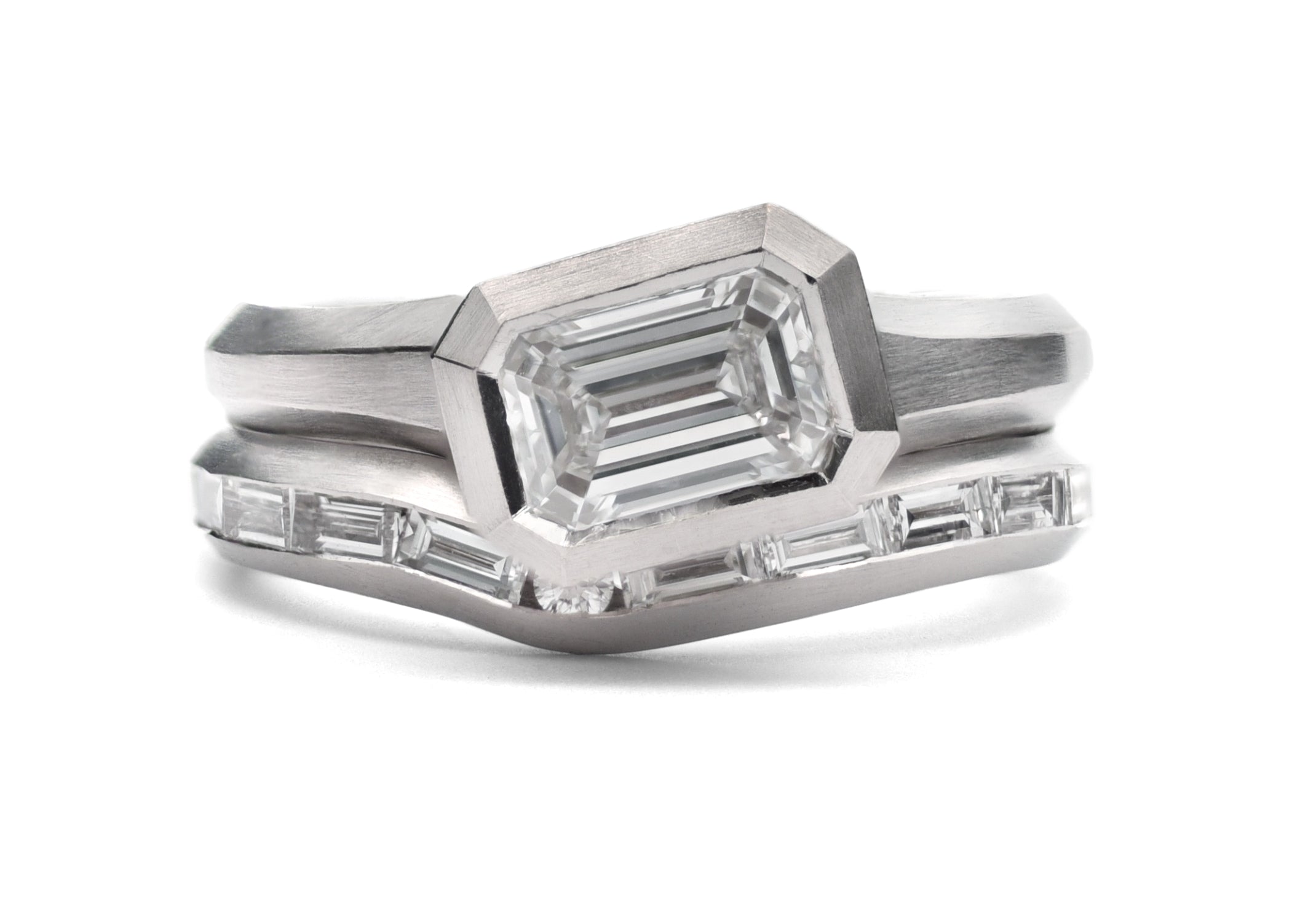 Platinum Curved Baguette Diamond Fitted Arris Wedding Ring
