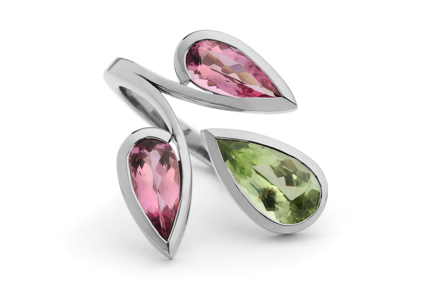 Forged three stone pear pink tourmaline and green peridot white gold ring 