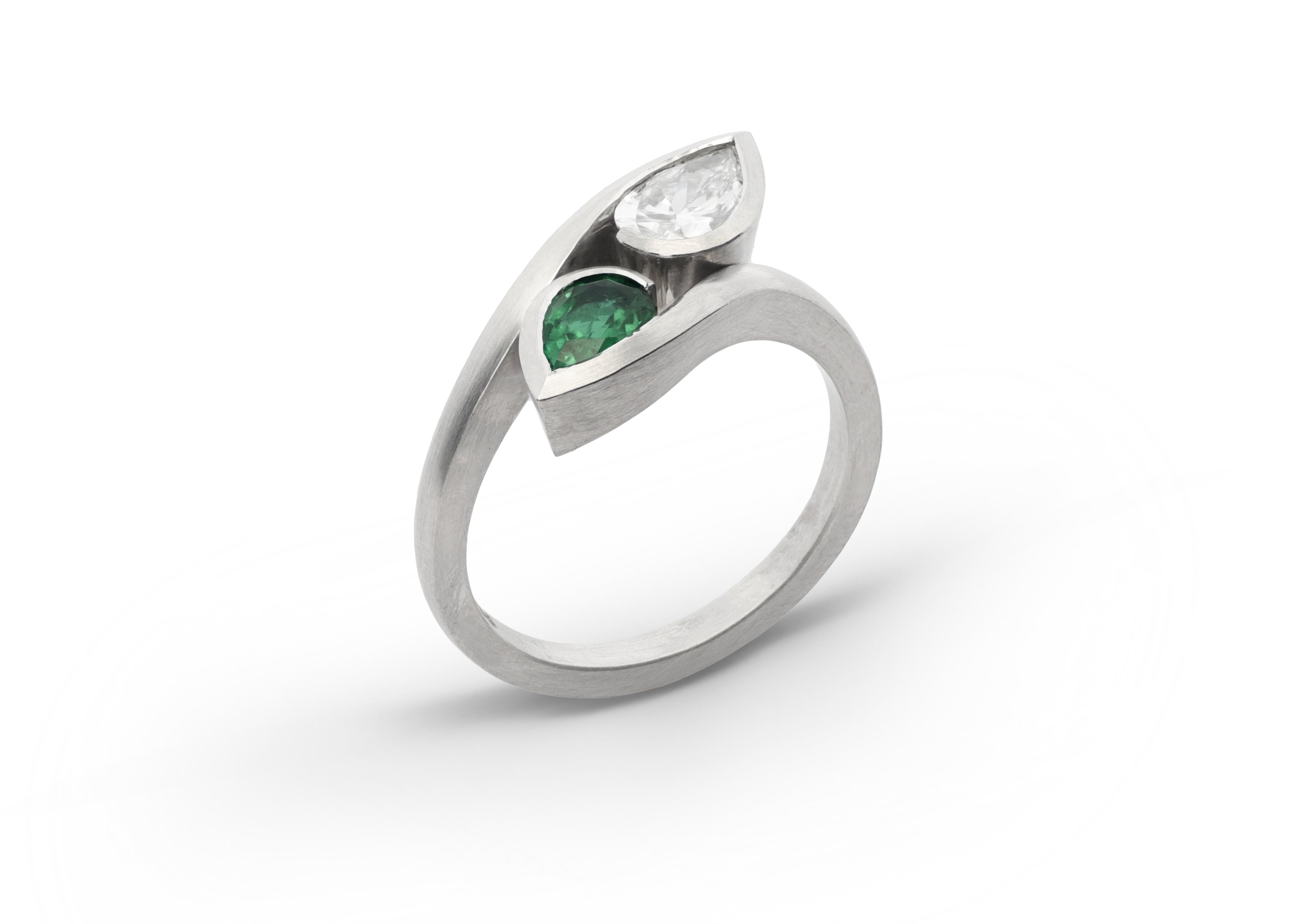 Platinum Diamond and Emerald Moi Et Toi Wave Engagement Ring