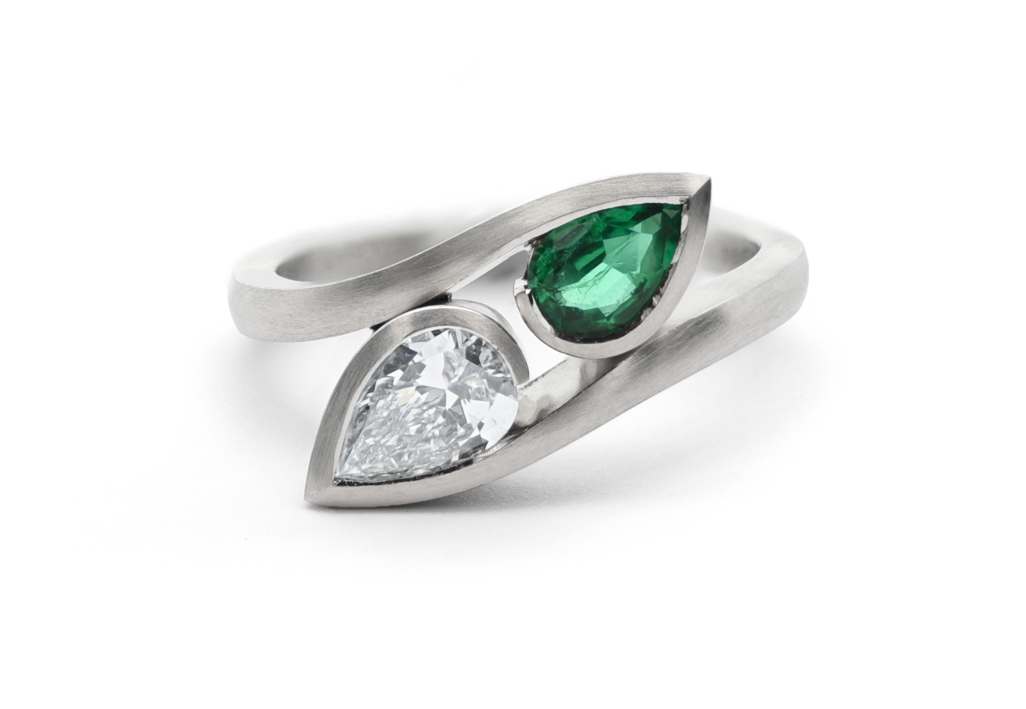 Platinum Diamond and Emerald Moi Et Toi Wave Engagement Ring
